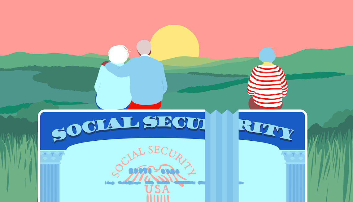 Social Security Benefits for Spouses and Ex-Spouses older couple and single woman sitting on a social security card looking at a sunset