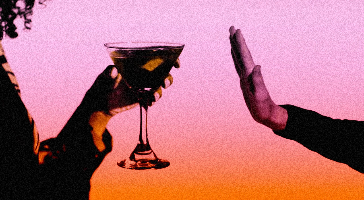 illustration of hand denying person holding martini glass, alcohol, drinking