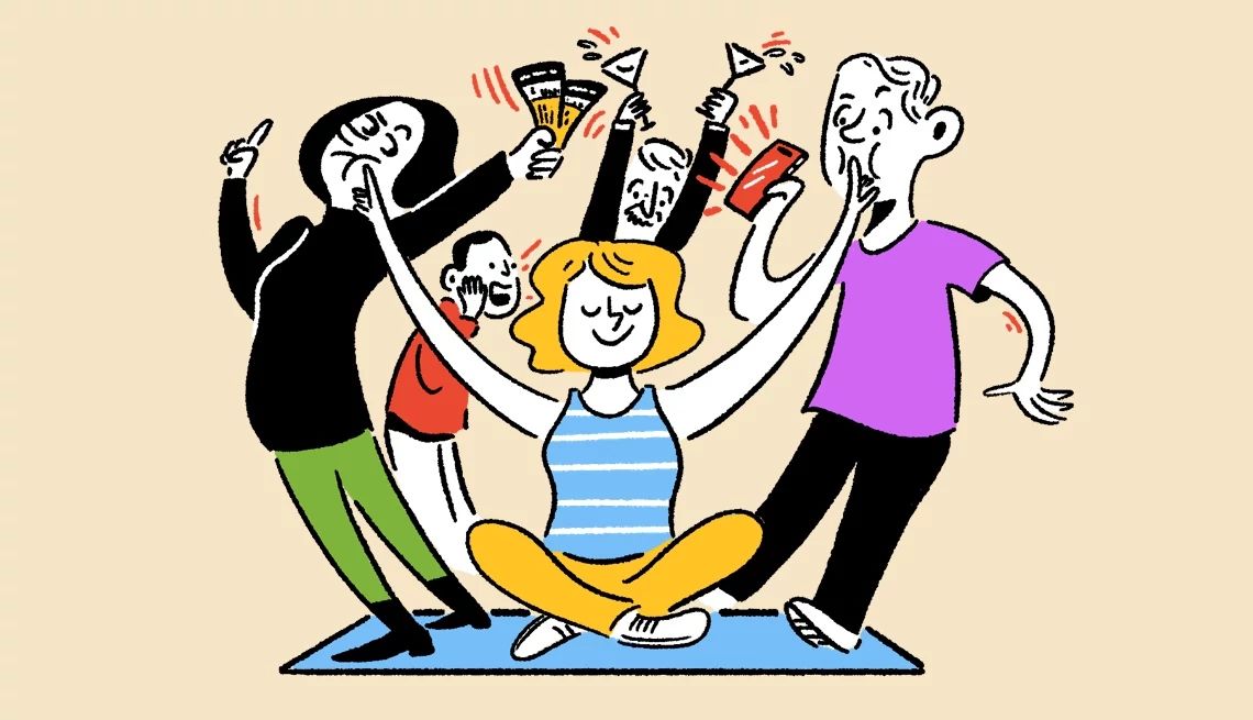 JOMO and its benefits a woman on a yoga mat with images depicting social scenarios behind her