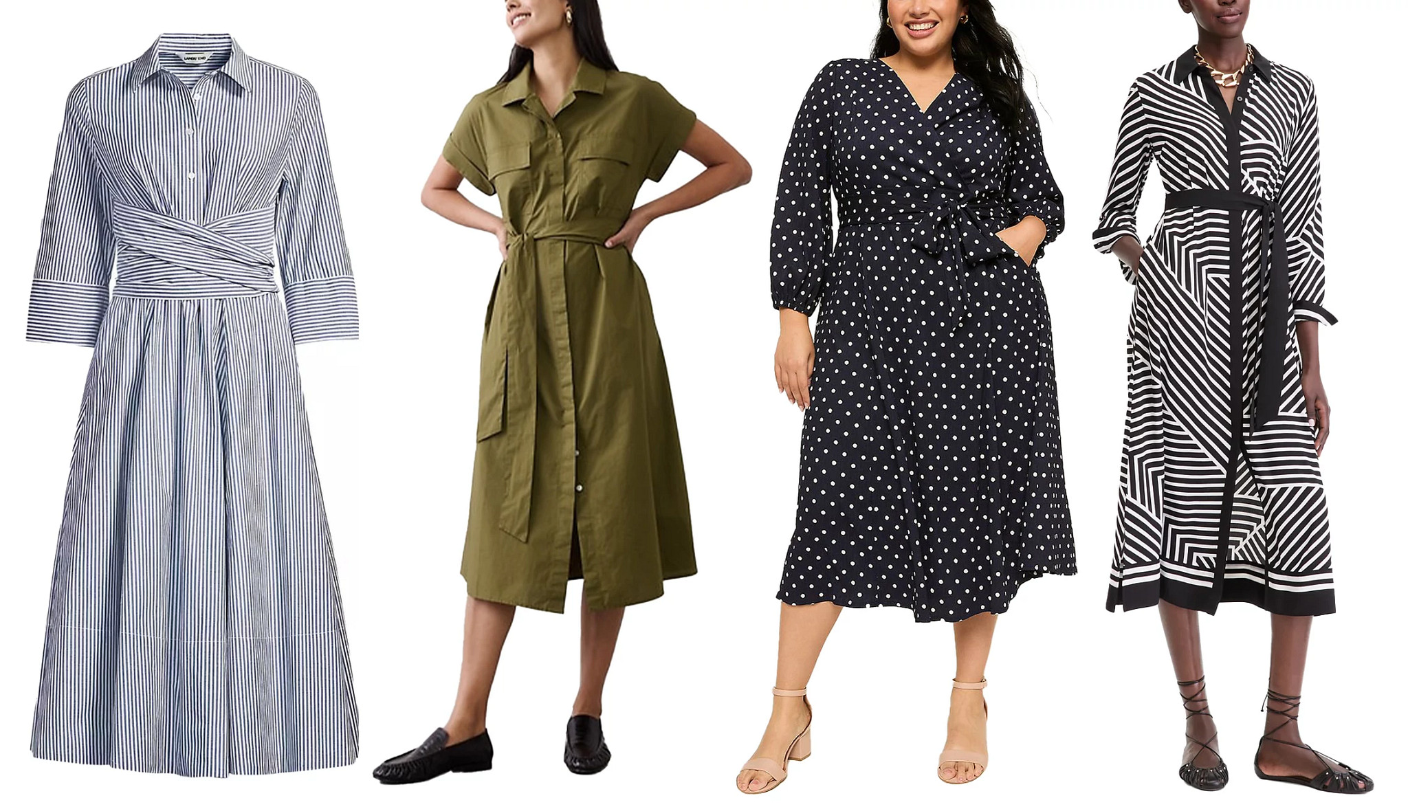 a collage with models wearing stylish shirt dresses with wrap belts