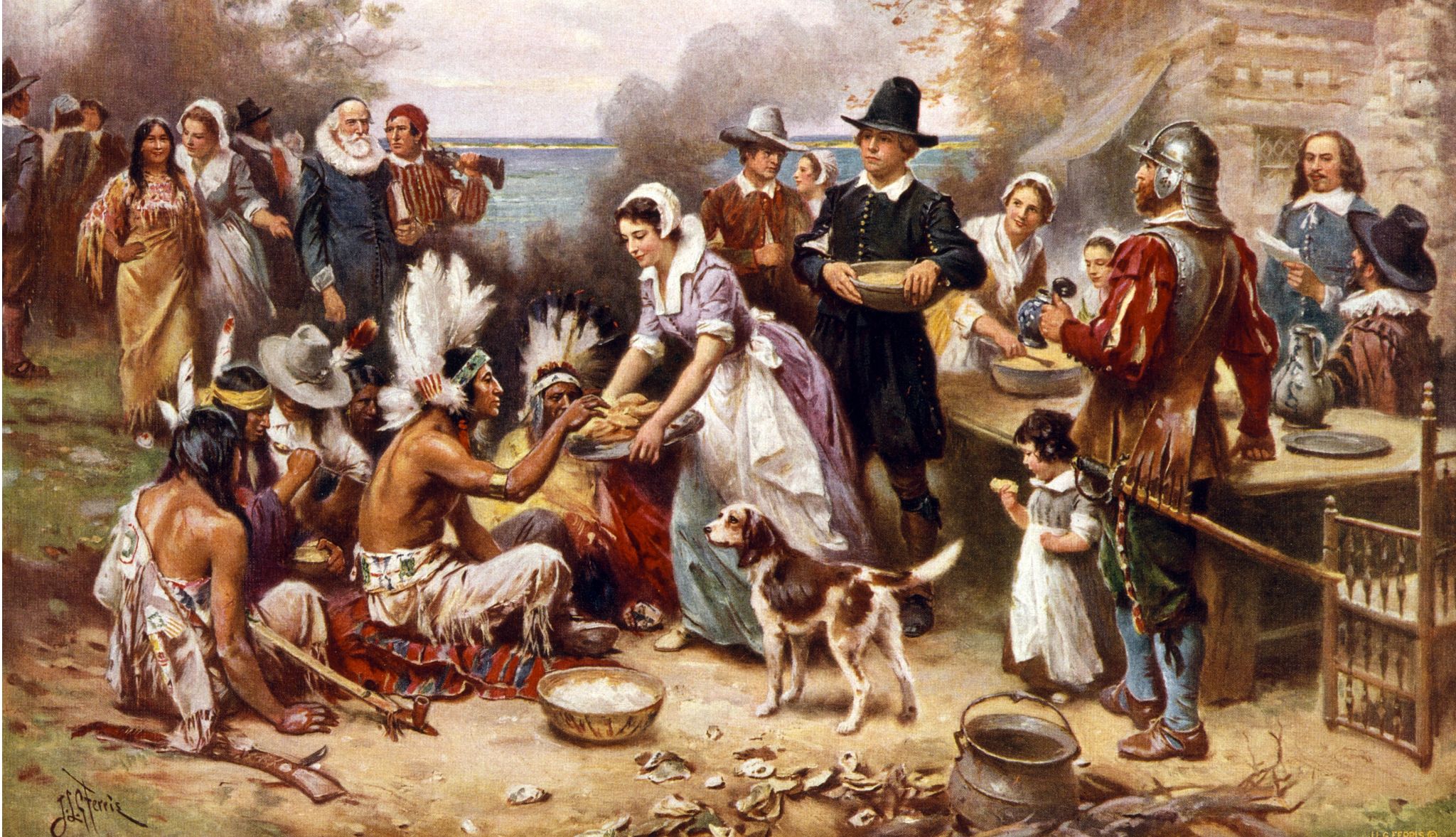 History of Thanksgiving  pilgrims and native americans gather to share meal