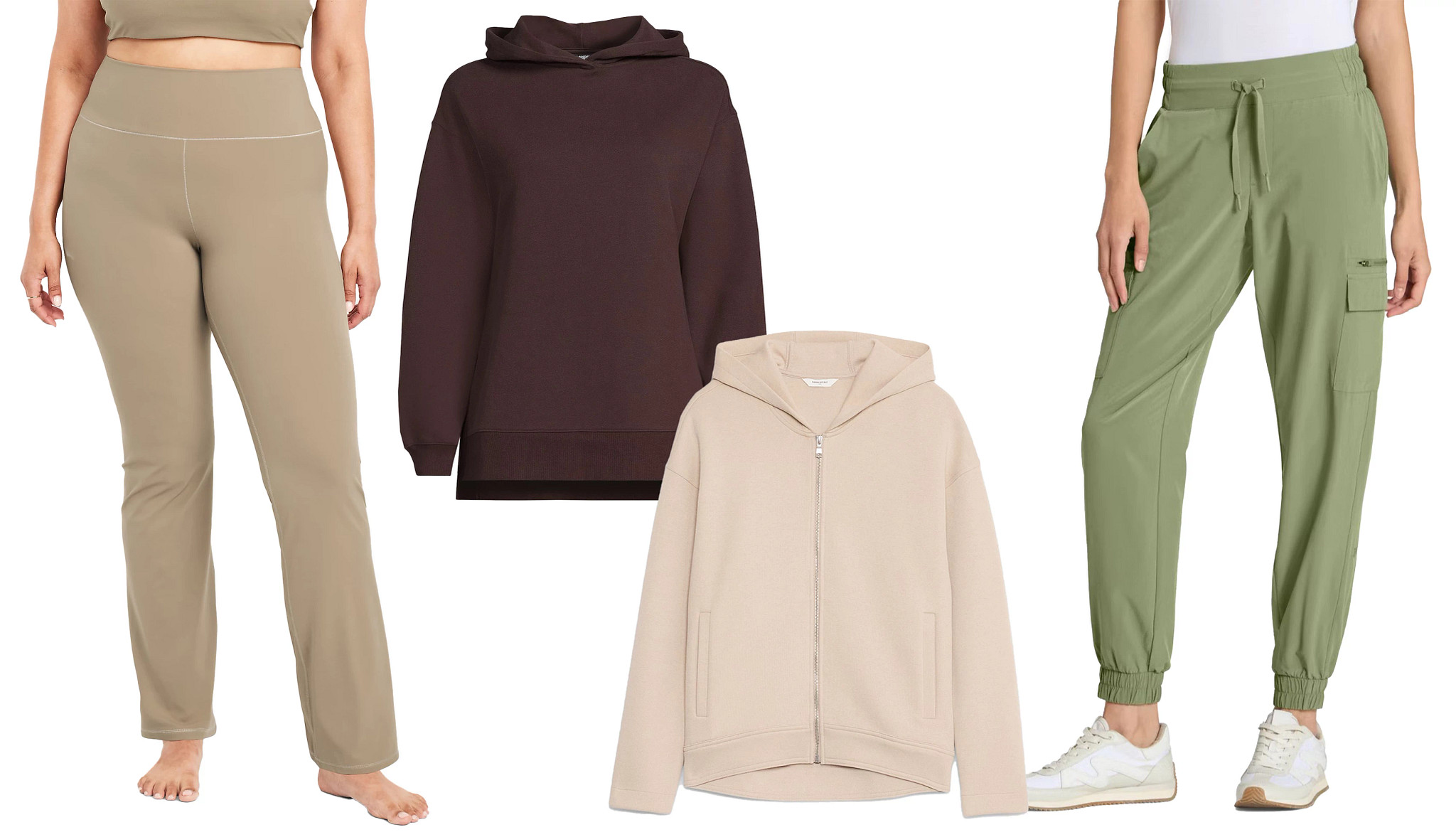 a collage with models wearing sport jogging pants and leggings alongside photos of hooded sweatshirts