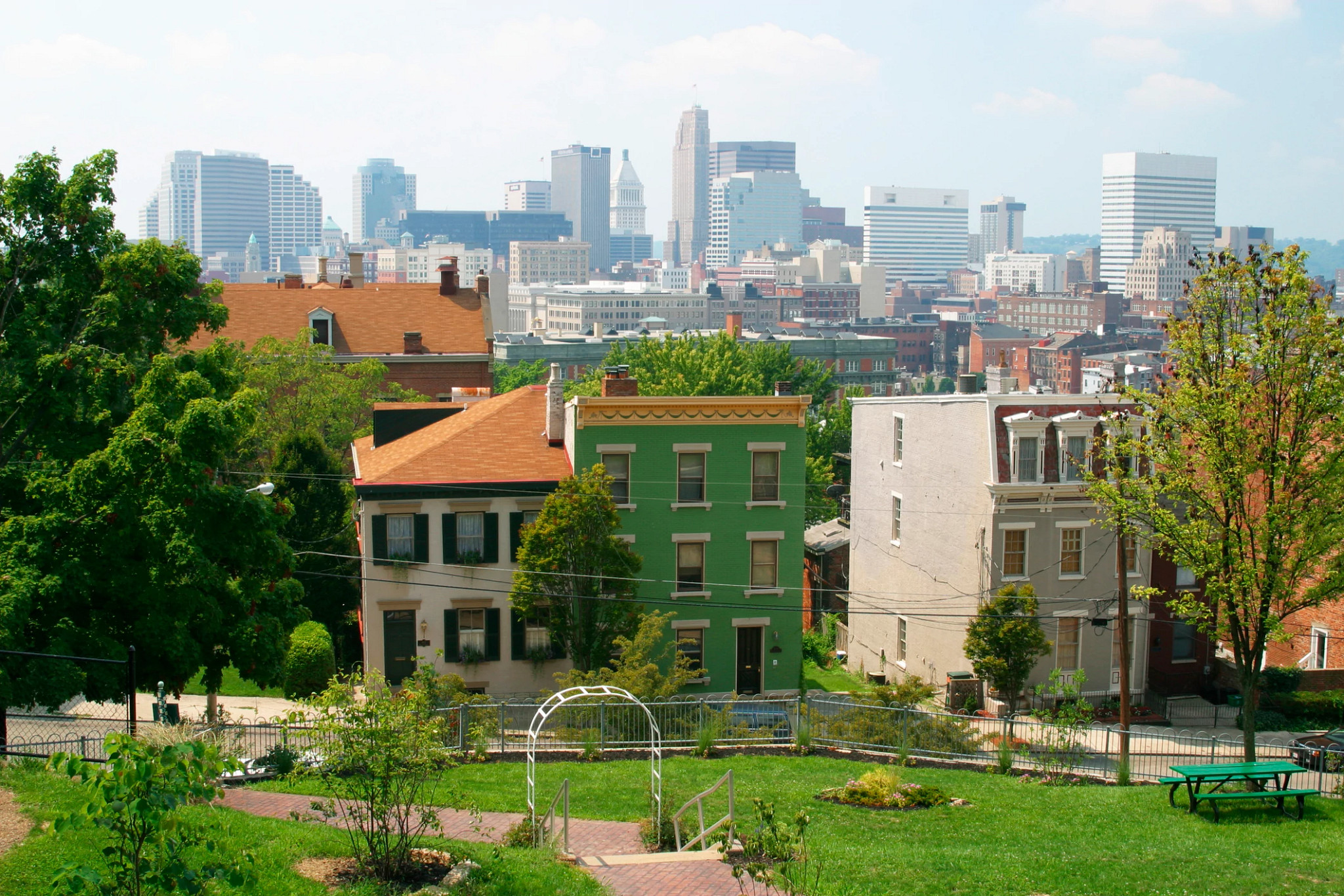 A scenic view of colorful houses in an Ohio neighborhood with a city skyline in the background