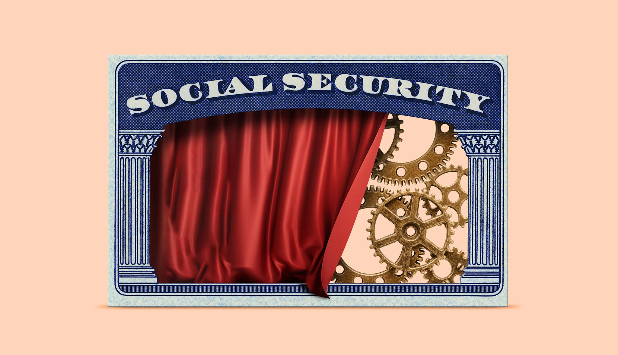 a graphic illustration of a social security card behind a curtain with gears