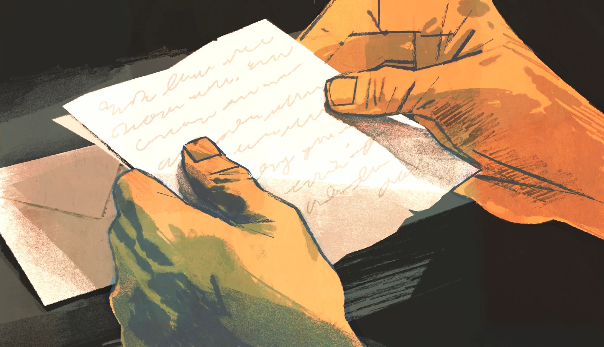 ‘The Longest Ride’ Chapters 28-30 A pair of hands belonging to Ira in his 80s holds a handwritten letter from Ruth above an envelope on a table