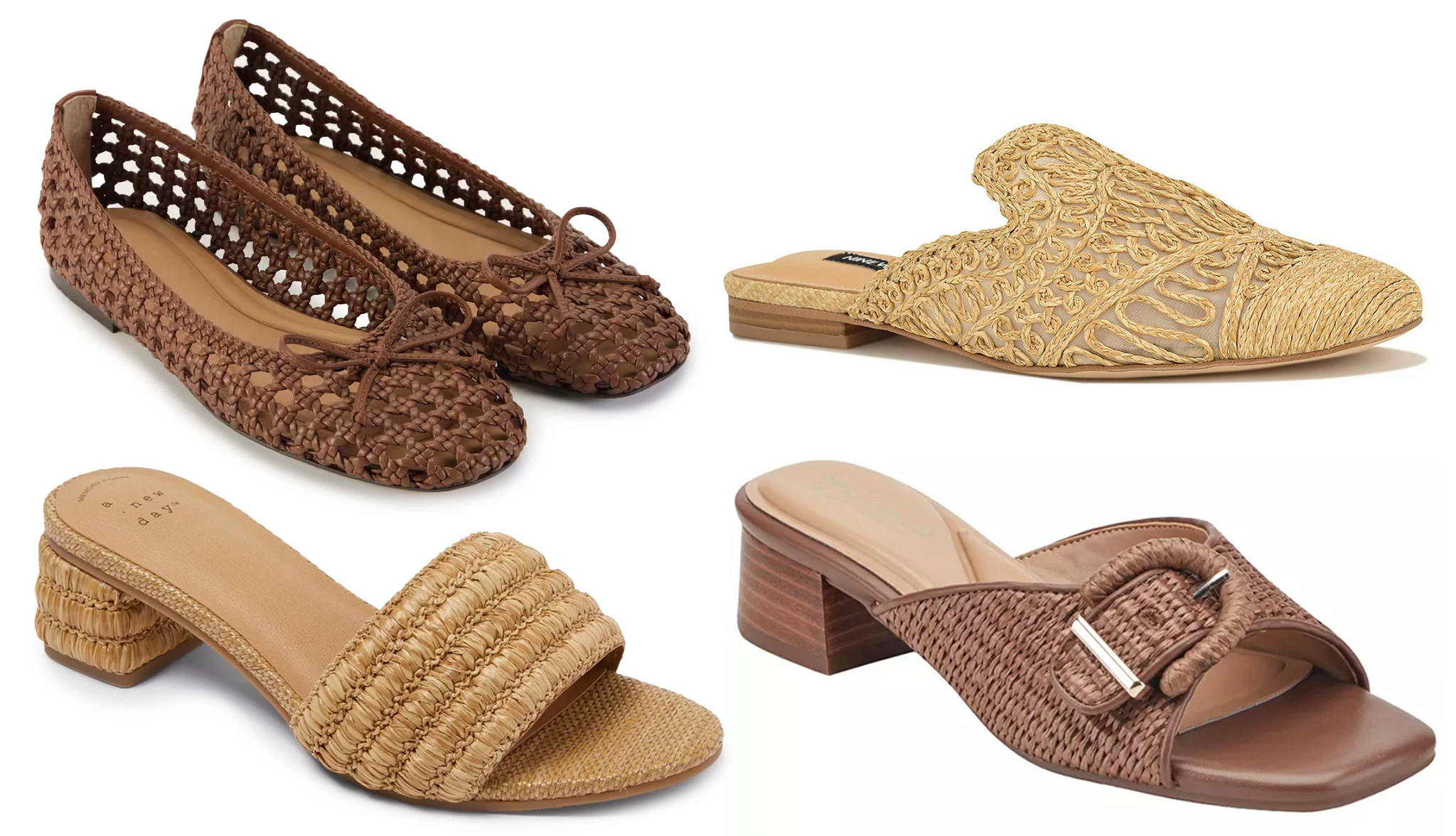a collage with three different styles of womens summer sandals made from natural fibers