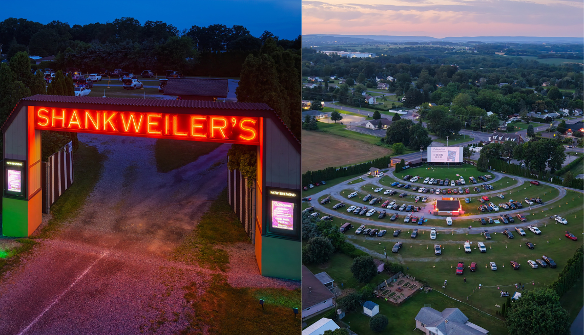 a split image of the shankweiler's drive in sign and the theatre with rows of parked cars