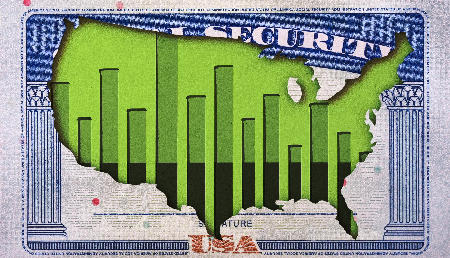 Social Security By The Numbers a shaded outline of the united states with a bar chart, inside of a social security card