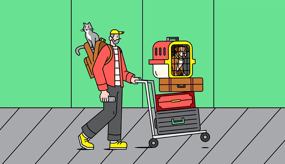 a person pushing a luggage cart with a dog in a crate and a cat in a backpack