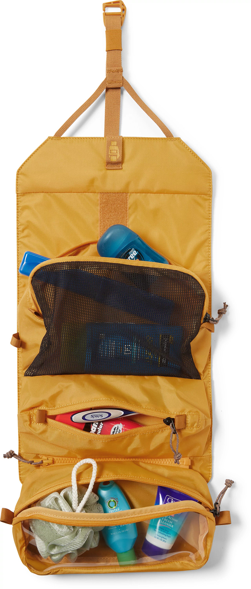 a yellow hanging toiletry organizer