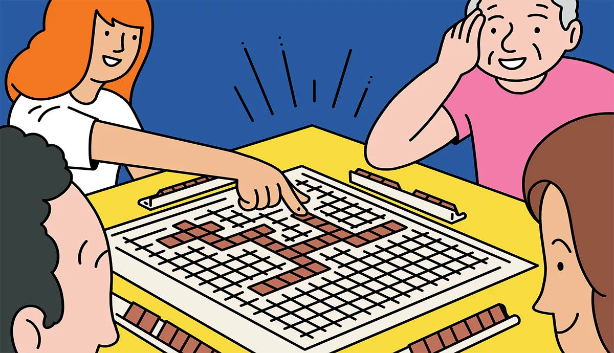an illustration of a family playing Scrabble