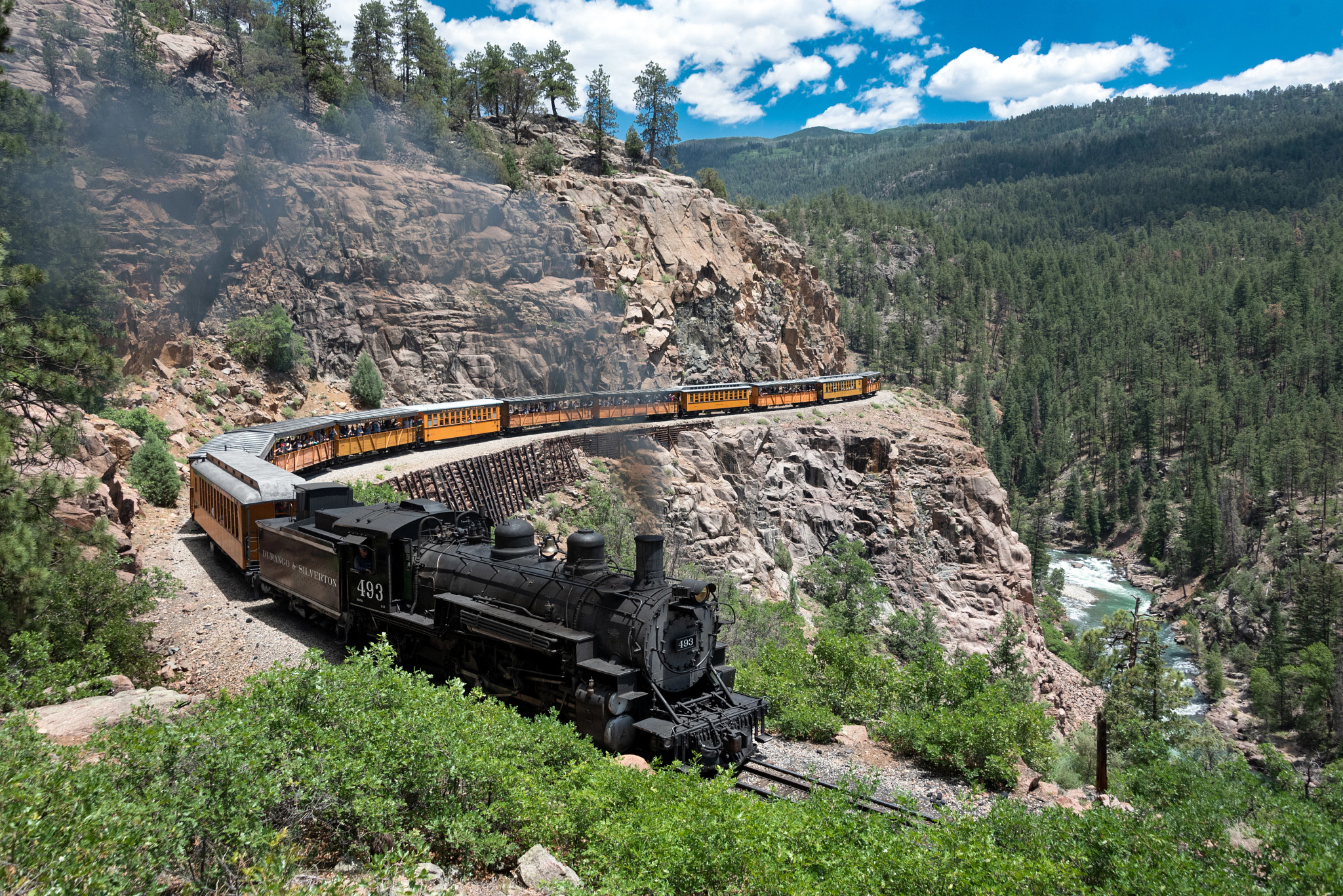 A historic steam locomotive pulling passenger cars along a cliffside mountain railway, surrounded by pine forests and a river below