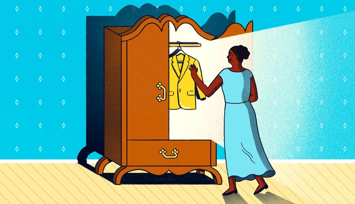 Decluttering Your Wardrobe a smiling person peering into a glowing wardrobe