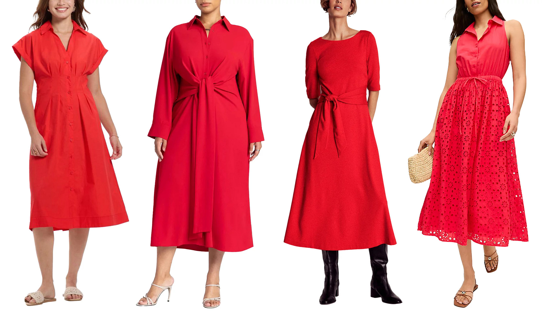 a collage with models wearing spring dresses in shades of bright red