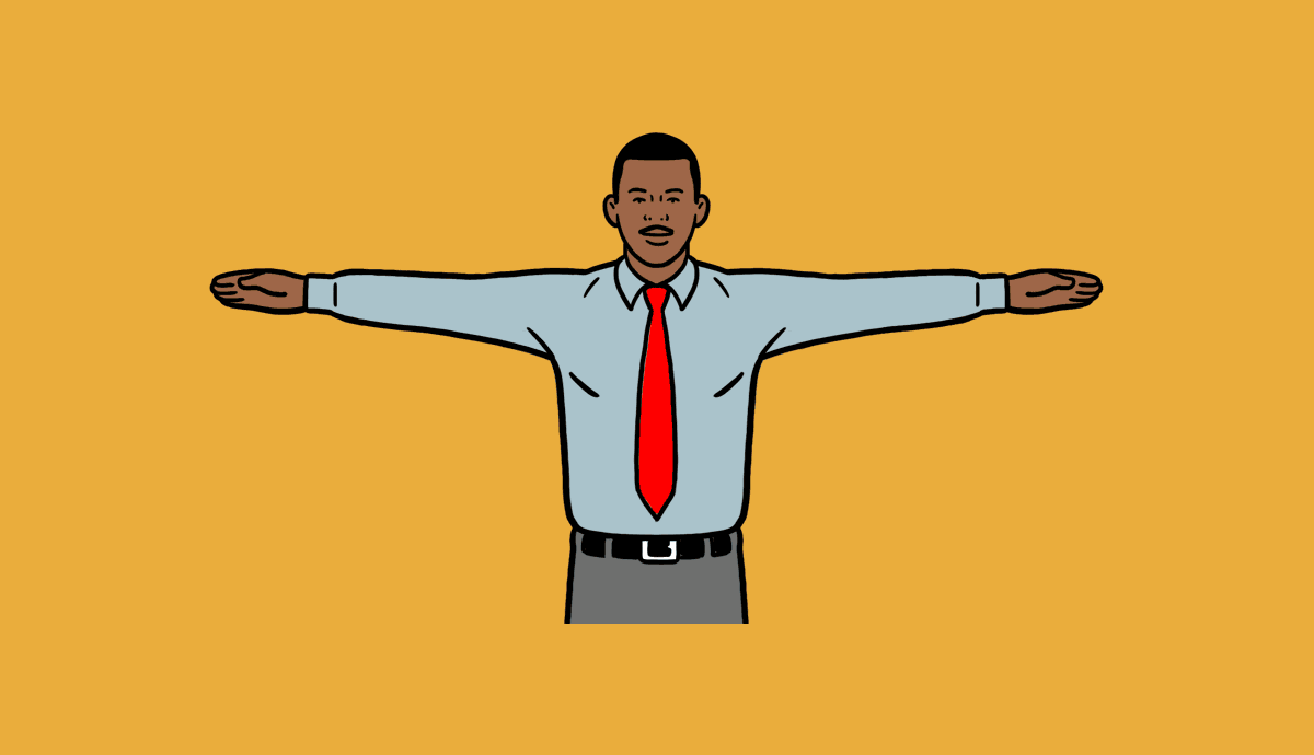 A man stands with his arms out, forming a T shape and then moving his arm in small circles.