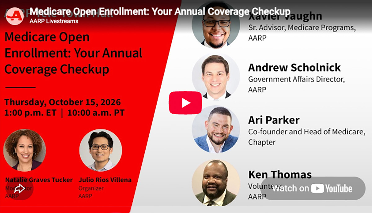 Promotional graphic for an AARP Livestream titled "Medicare Open Enrollment: Your Annual Coverage Checkup," scheduled for Thursday, October 15, 2026, at 1:00 p.m. ET / 10:00 a.m. PT.   