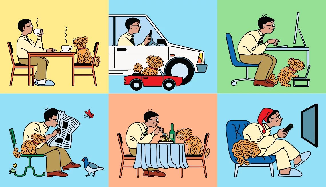 Ilustración de un hombre en seis actividades sedentarias