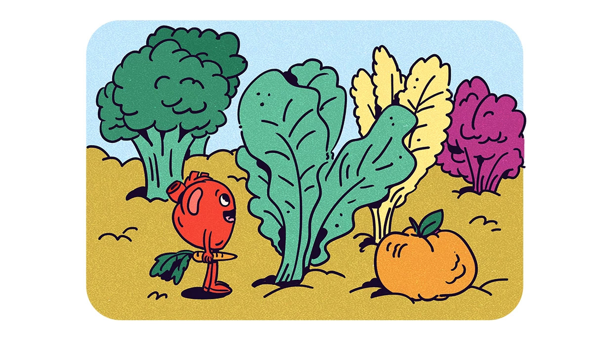 A colorful cartoon illustration of an anthropomorphic human heart character harvesting fresh vegetables in a garden plot, representing a heart-healthy diet.