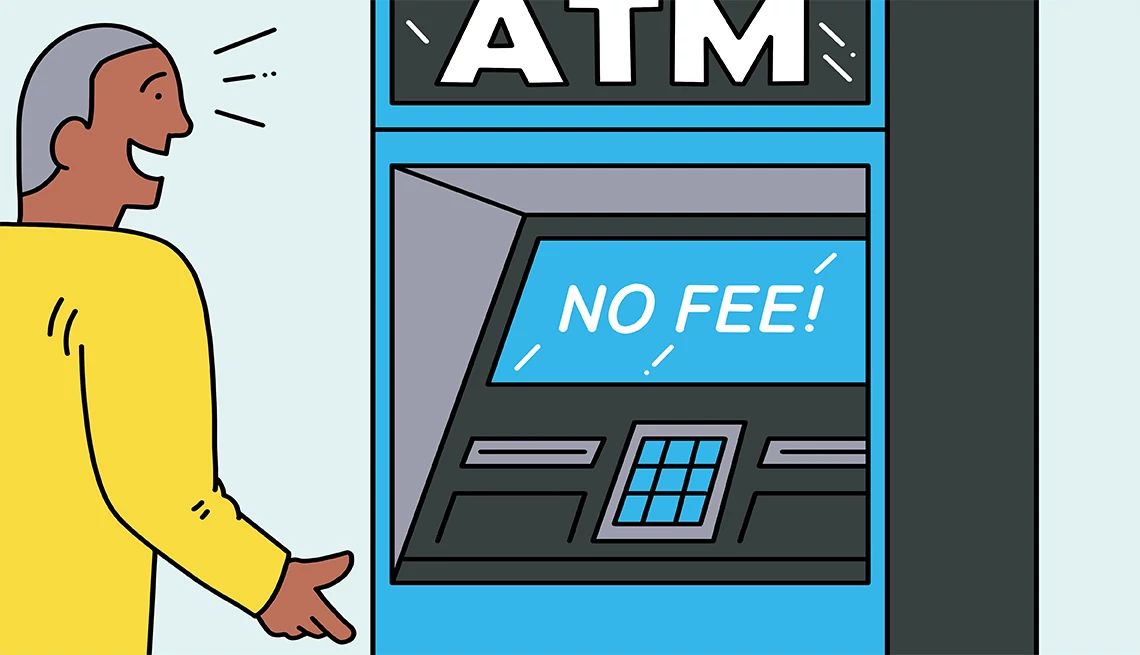 Hidden ATM Fees a person smiles at an a t m screen that says no fees