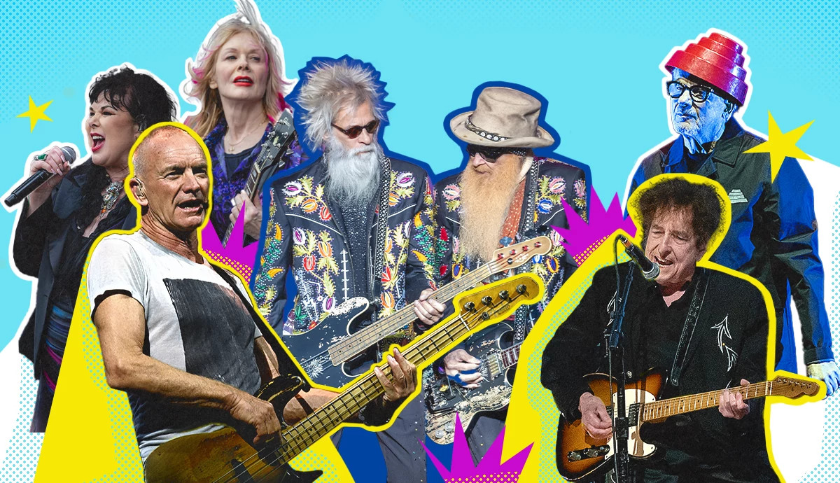 a collage with musicians from heart, sting, z z top and devo