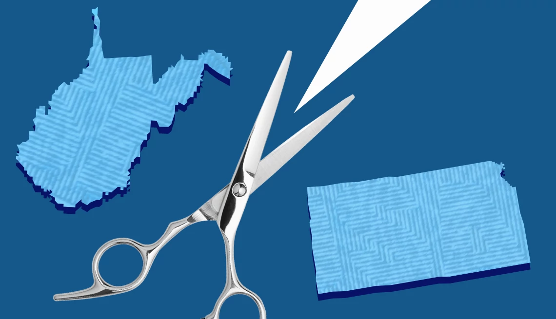 Kansas y Virginia Occidental dejarán de gravar los beneficios del Seguro Social Contornos de Kansas y Virginia Occidental con unas Tijeras en el medio