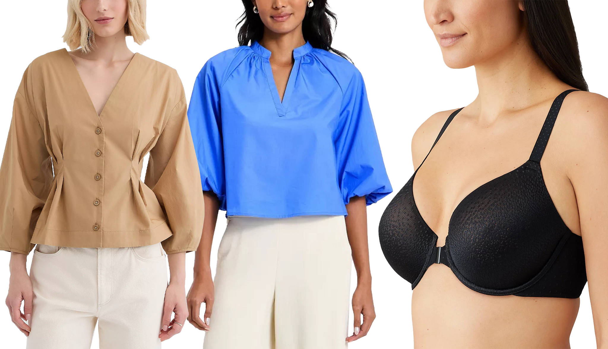 a collage with two models wearing flattering blouses and one model wearing a black bra