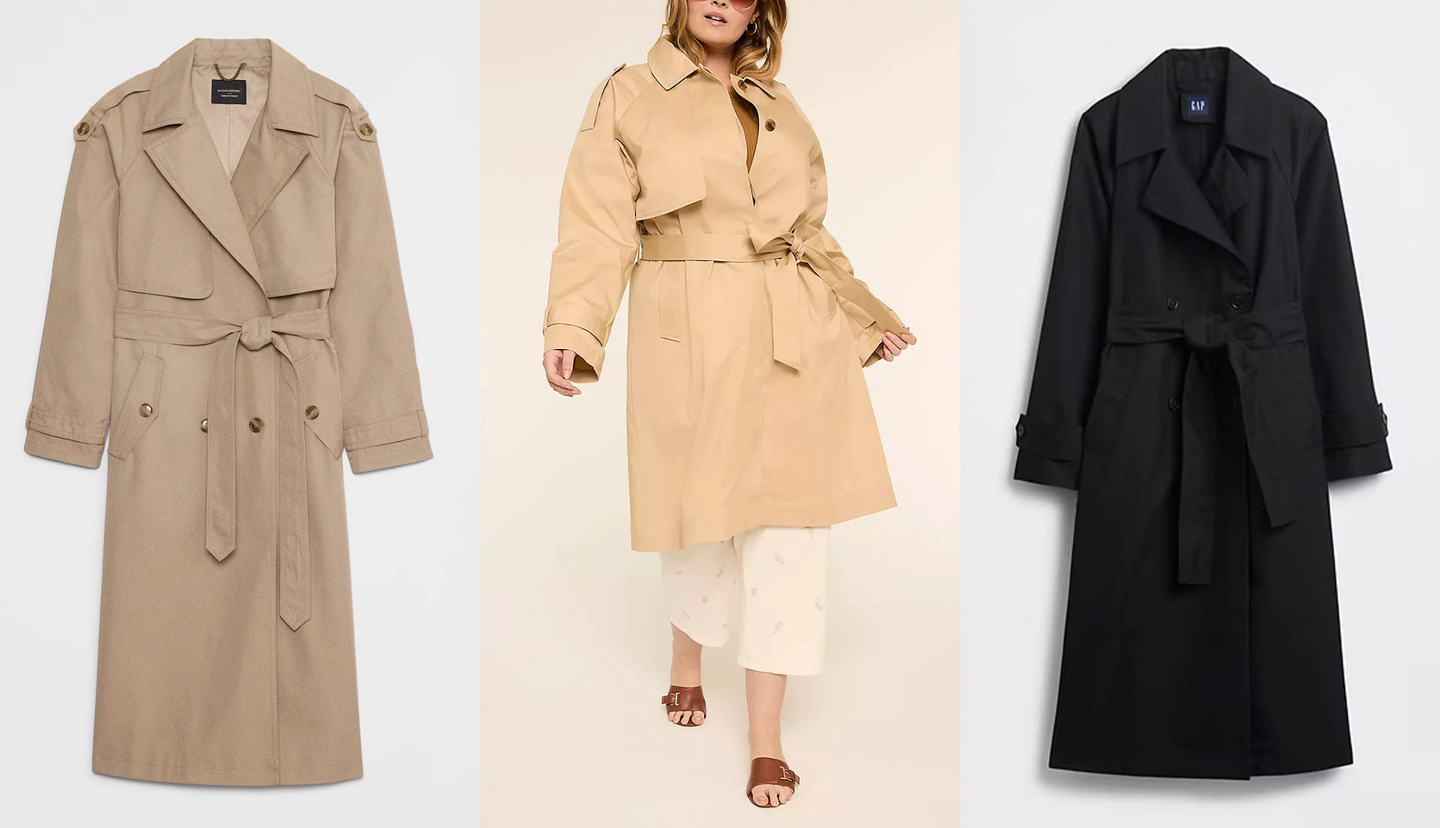 a collage showing three different options for timeless womens trench coats