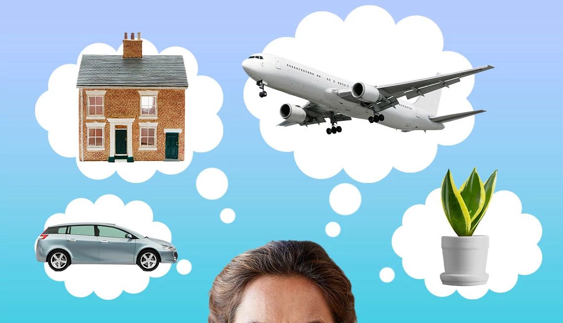 AARP Smart Guides person's forehead and hair showing with thought bubbles above on a blue and purple background, car, house, plane, and plant in the thought bubbles