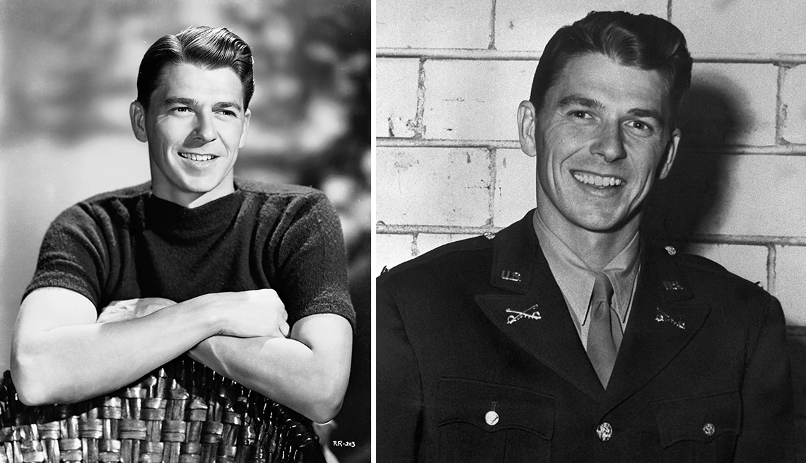 His movie studio kept him from serving in WWII left: a photo of Ronald Reagan, the movie star; right: photo of Lt. Ronald Reagan at Fort Mason