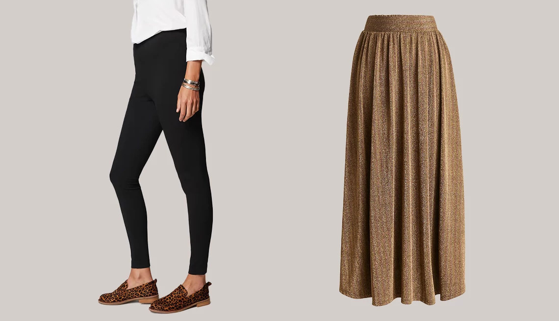 black fitted jeans and a tann. flowing skirt