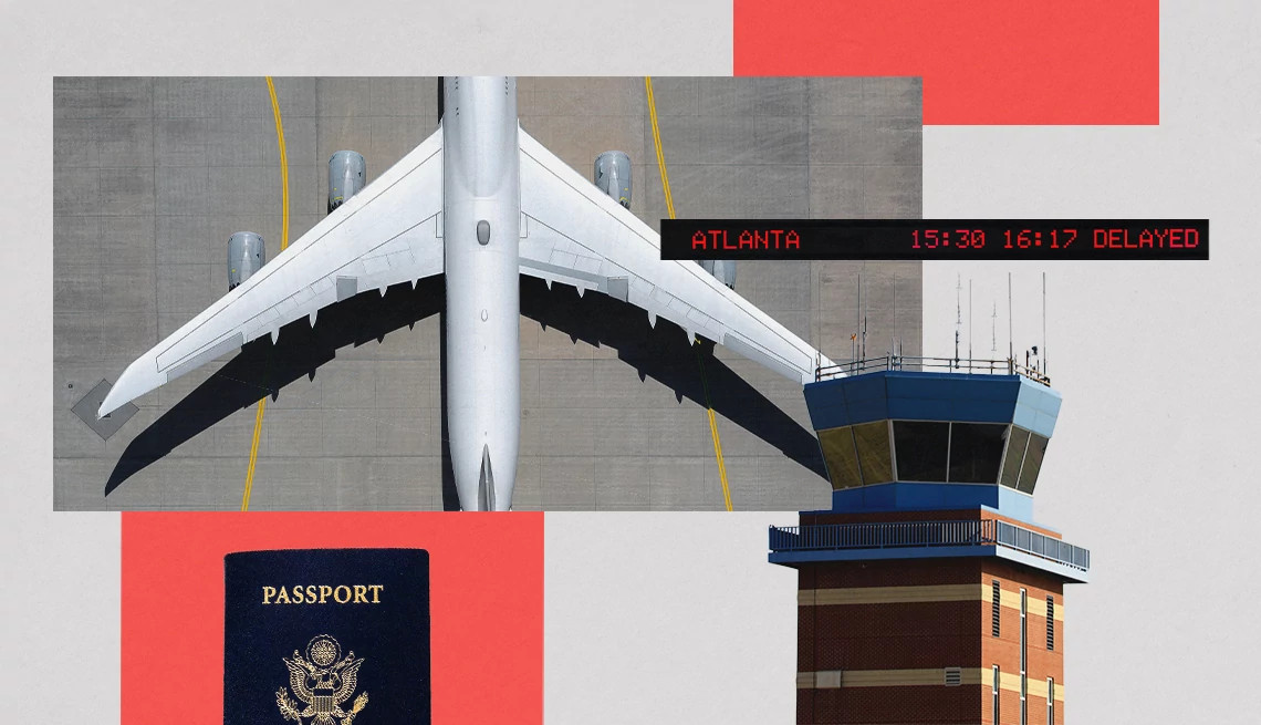 a collage of an airplane, passport and airport control tower