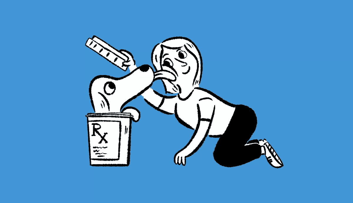 An illustration on a blue background shows a happy woman on her hands and knees as a dog pops out of a prescription pill bottle to lick her chin, while she holds the lid open above it.