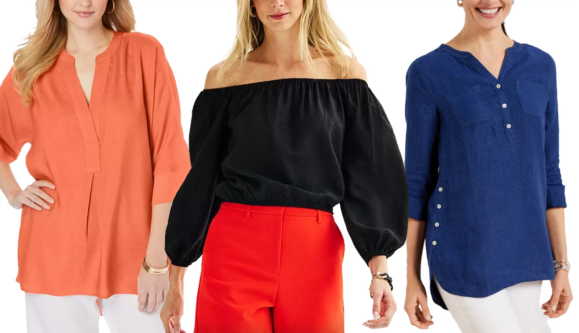 Jessica London Women’s Plus Size Hi-Low Linen Tunic in Tropical Melon; Nine West Bracelet Sleeve Off The Shoulder Top in Mineral Black; Talbots Side Button Linen Band Collar Popover-Cross Dye in Deep Blue