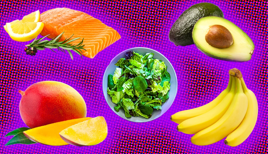 Foods for Hearing Health bananas, mangoes, salmon, avocado, spinach