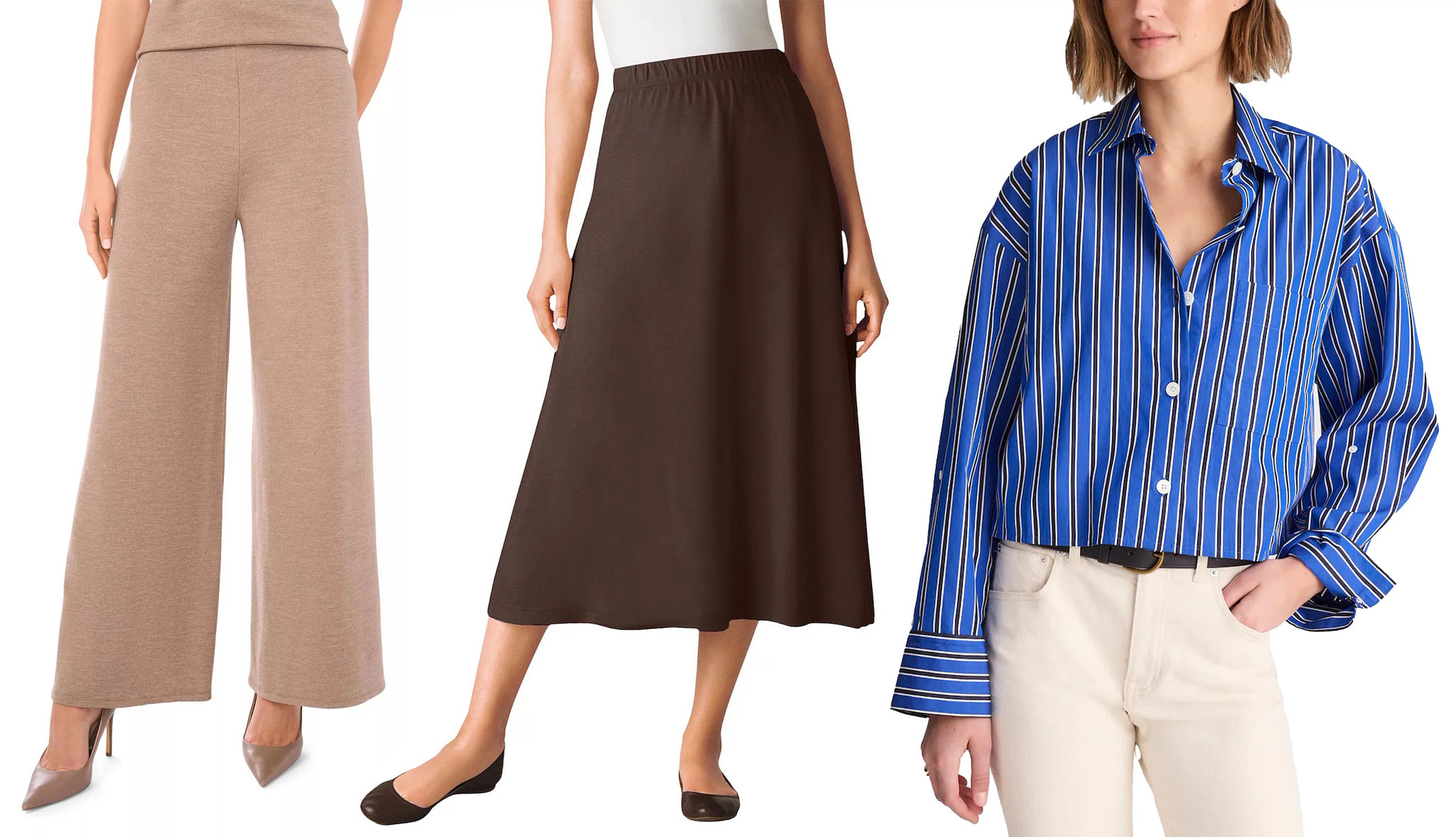 a collage with models wearing a brown knit ensemble with wide leg trousers, a brown midi skirt and a blue and black striped button down top