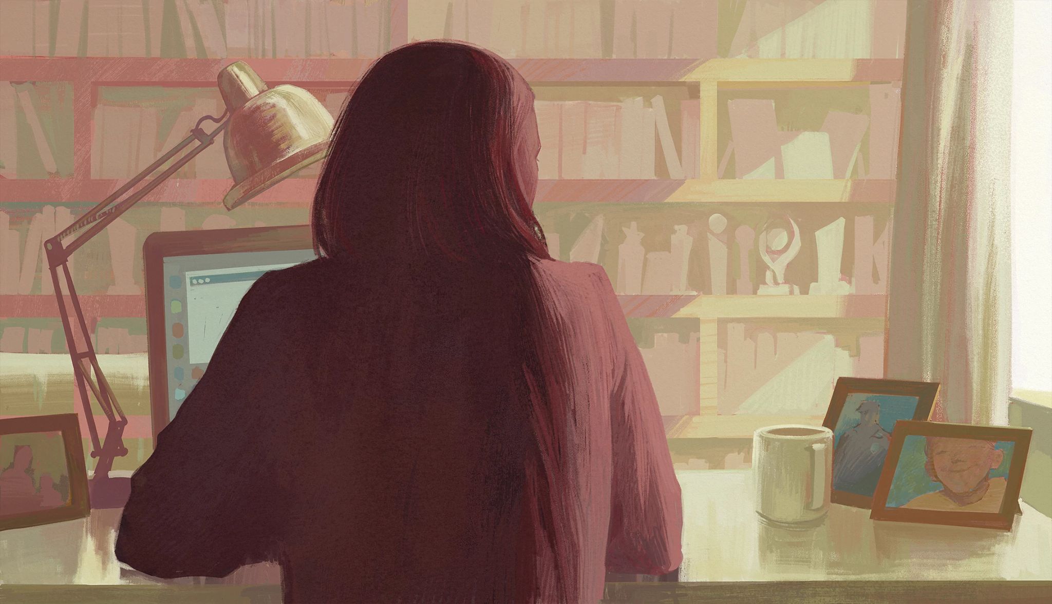 I've Got You Under My Skin by Mary Higgins Clark chapters 1-10 illustration from behind showing a woman sitting at her desk in an office