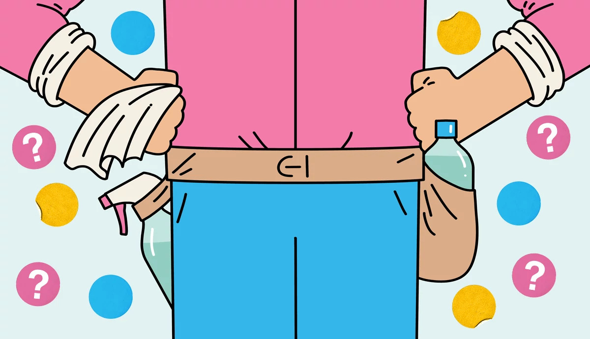 an illustration shows an older adult wearing squirt bottles full of vinegar like a cowboy with six-shooters
