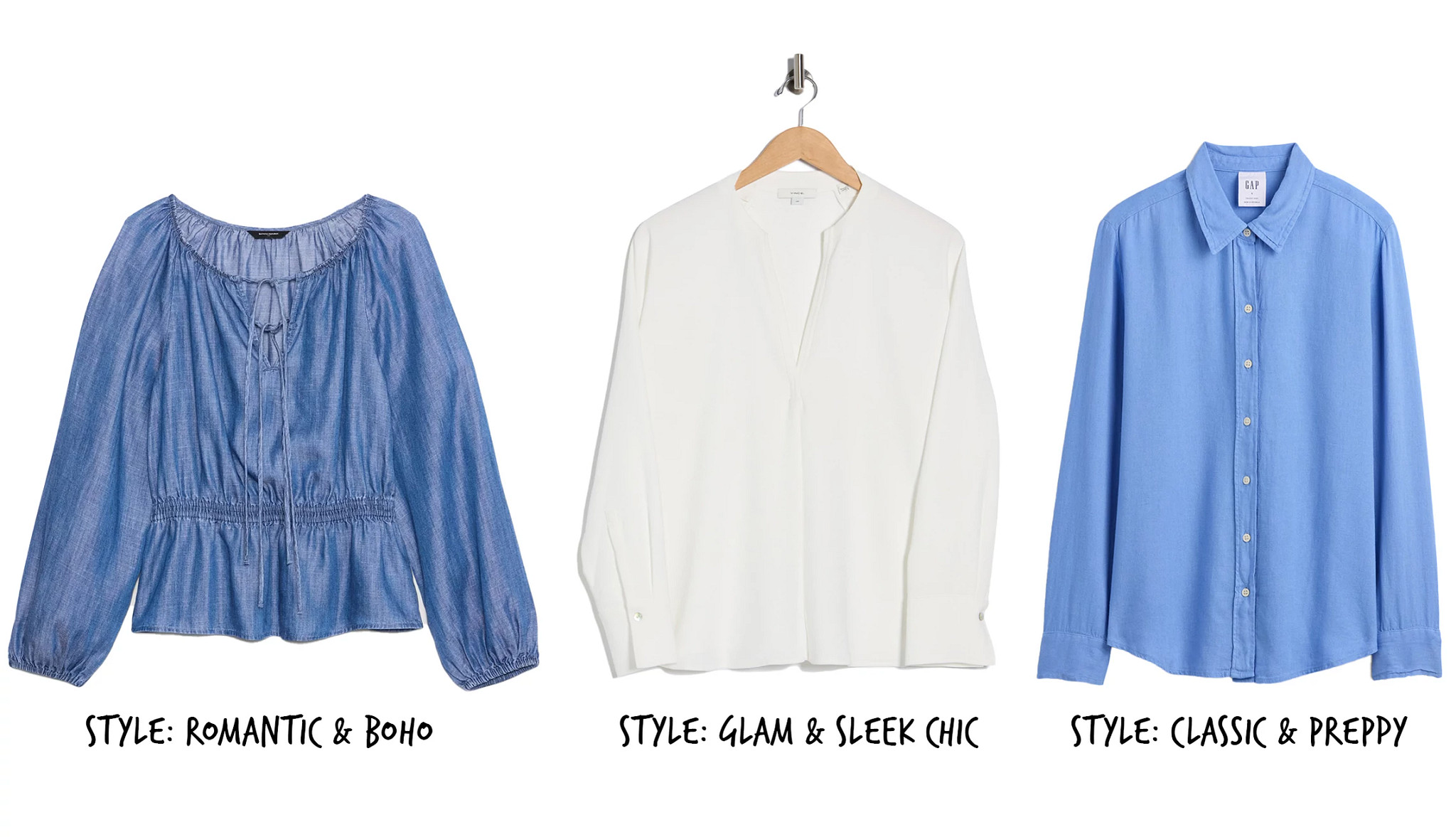 a collage with a blue chambray top, a white pullover top and a blue button down top