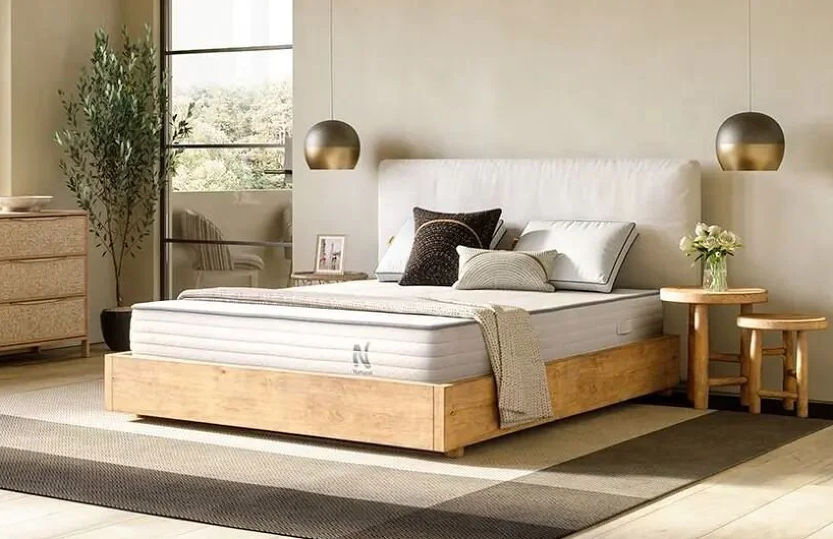 The Nolah Natural on a wooden bed frame with a canvas headboard in a bright room
