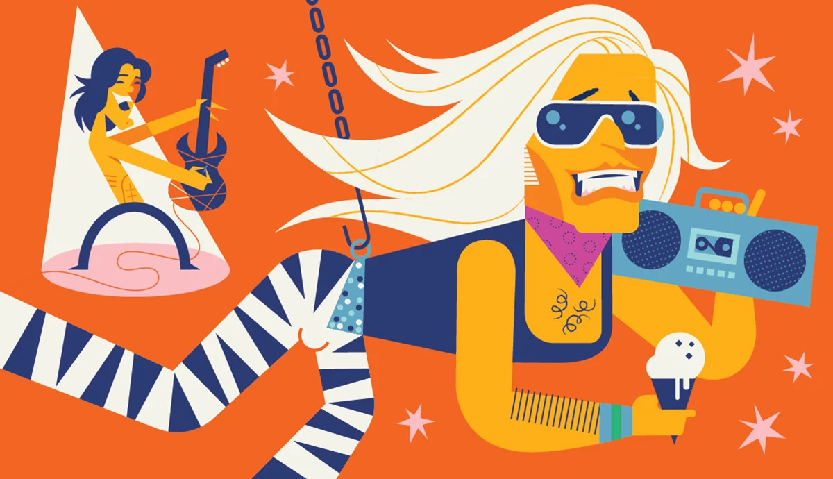 an illustration shows musician eddie van halen swinging from a chain, holding a boom box and an ice cream cone