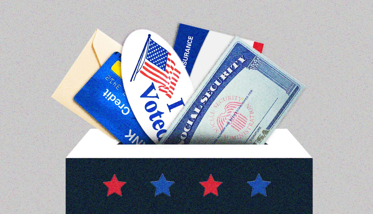 Different items, like a social security and medicare card, being shoved into a ballot box.