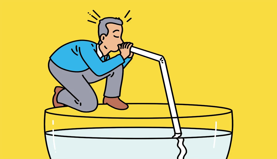 illustration of a man drinking from a giant glass of water and straw