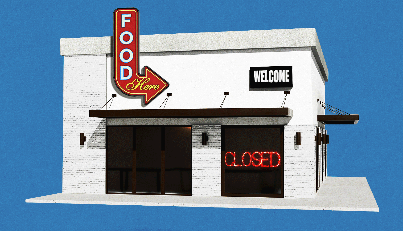 a store with a sign that says food here, while a closed sign flashes