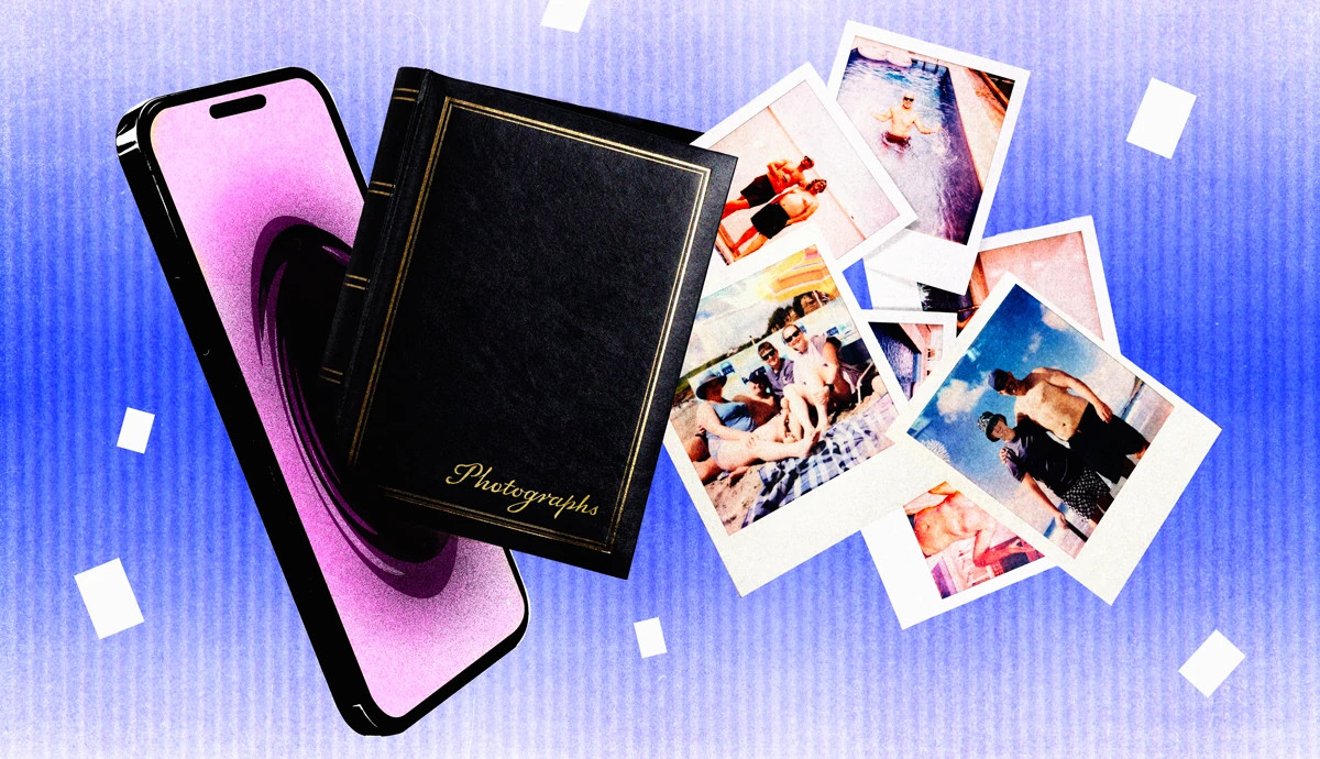 a smartphone with a photo album and images coming out of the screen
