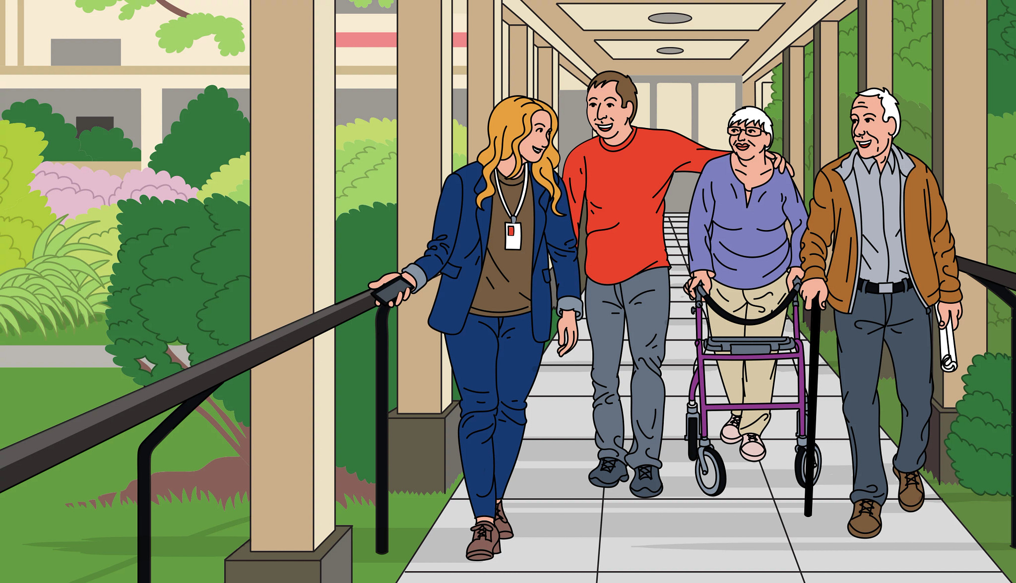 people walking on a walkway outside