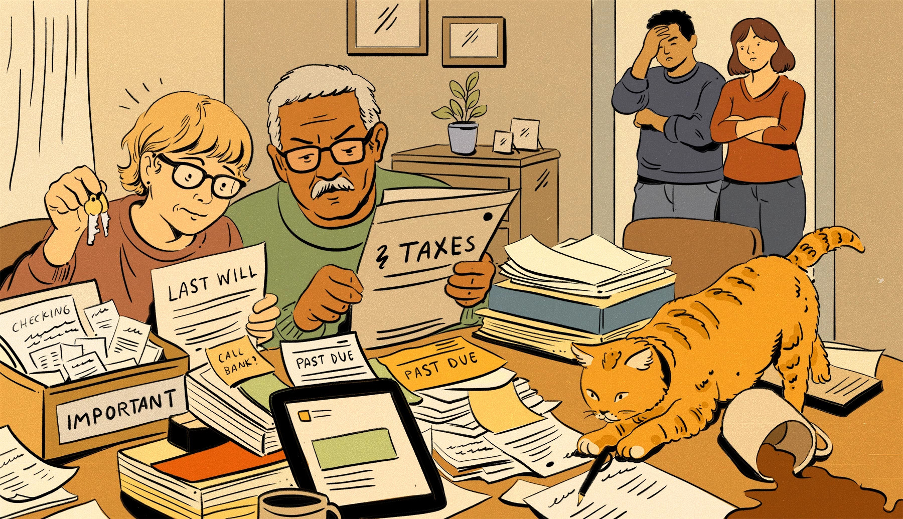 an older couple sort through a mountain of papers on a table while two younger people stand nearby, appearing annoyed