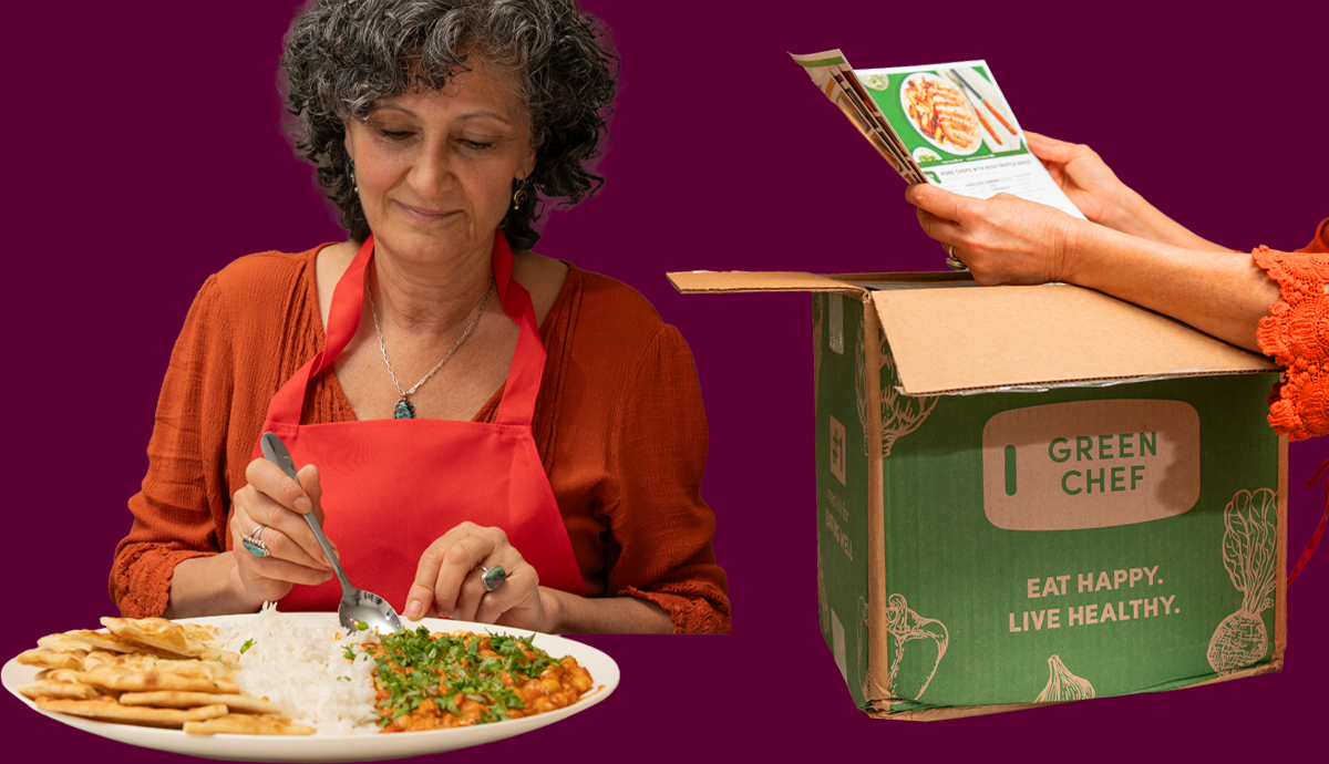 Woman plates a dish of naan, chana masala and basmati rice
