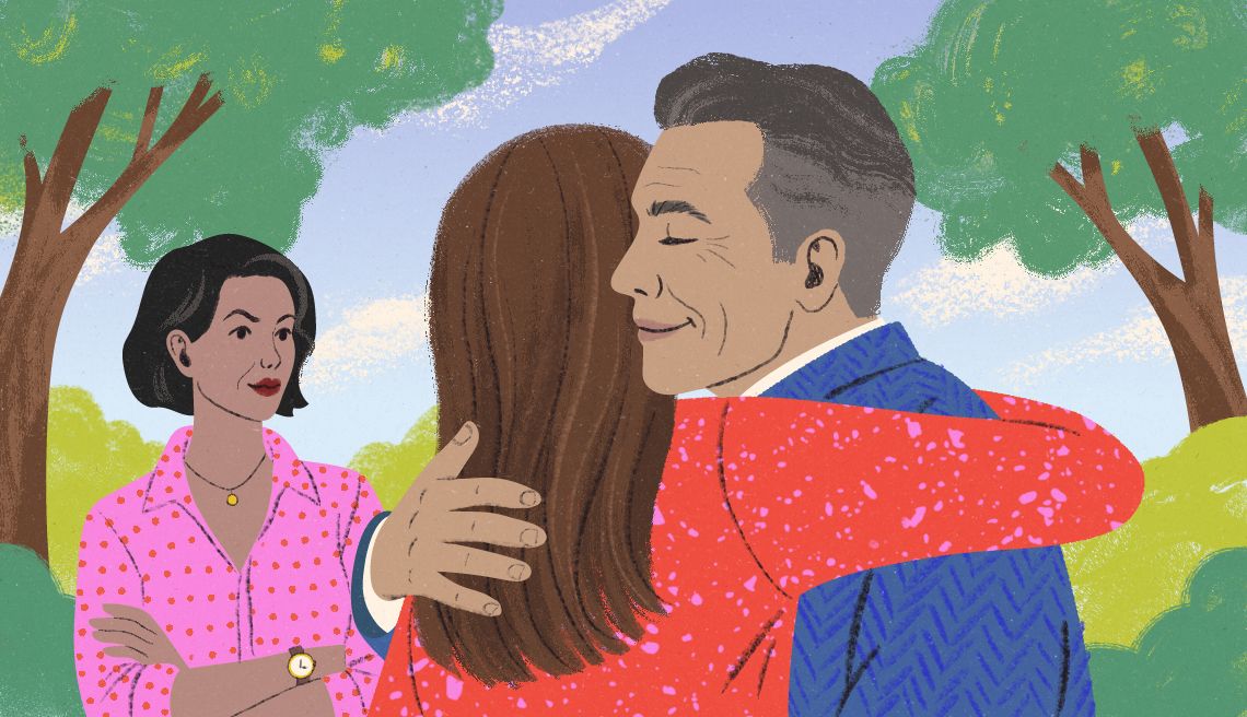 My Husband the Flirt an older man and woman hug while another woman looks at them, arms crossed