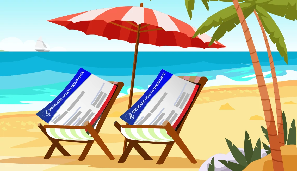 Ilustración de dos tarjetas de medicare tomando sol en la playa