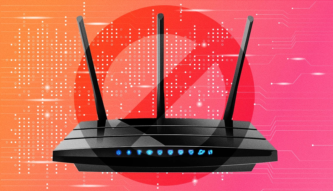 a graphic illustration shows a wi-fi router in front of peach, red and orange digitized backdrop, with a no symbol lightly superimposed on the backdrop as well